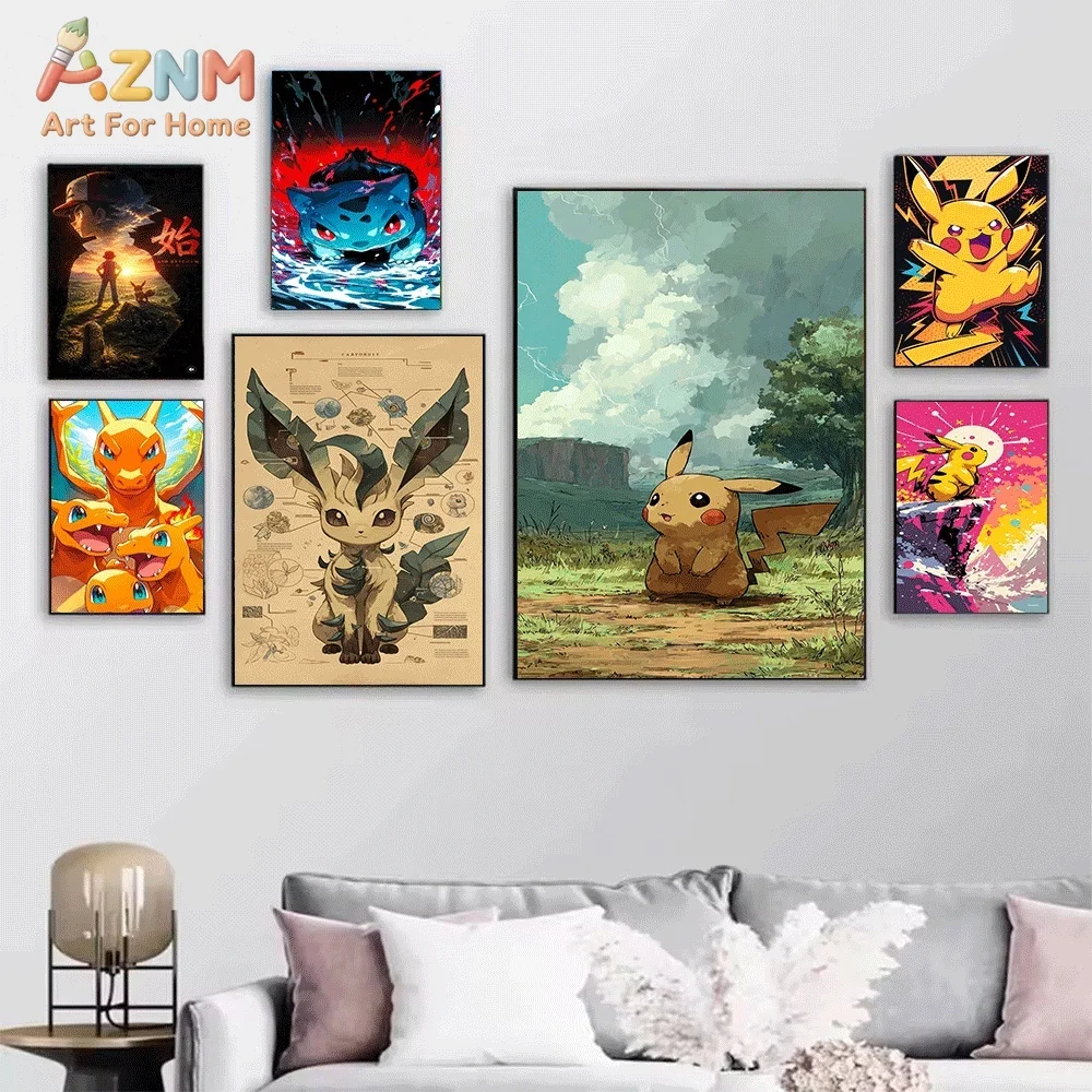 Anime Pokemon Bulbasaur Forest Scenery Canvas Wall Art, Lovely Cartoon Character Frameless Canvas Painting for Kids Bedroom Li