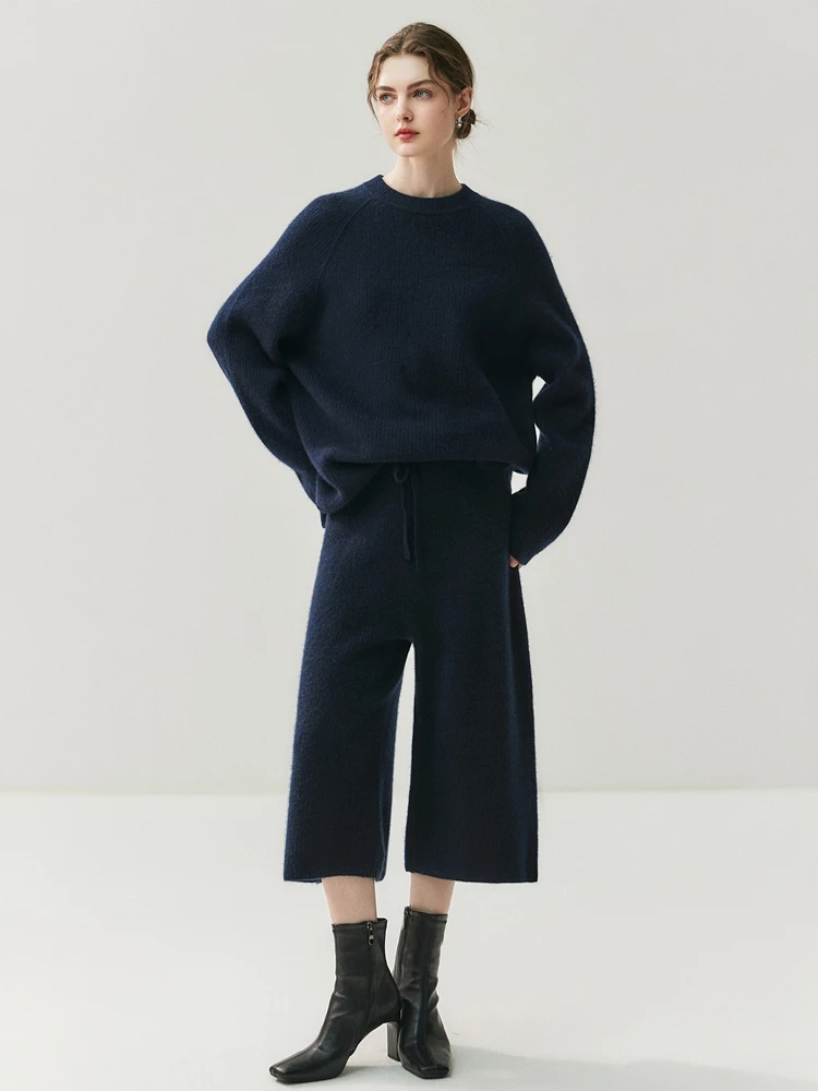 

High-end 100% Cashmere Pullover Sweater Suit Women's O-neck Soild Loose Calf Length Pants Knitted Two Piece Set Autumn Winter