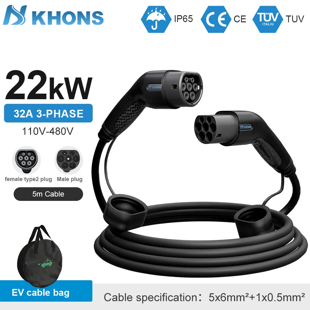 Khons Type2 To Type2 Ev Charging Cable  3Phase 32A Female To Male Plug 5M Cable 22kw IEC62196-2  EVES Charging Stations