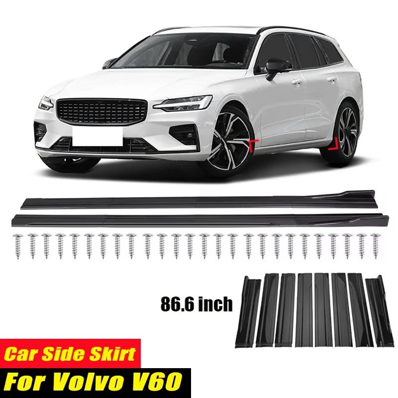 For Volvo V60 Racing Style Side Skirts 86.6Inch 2.2M Rocker Panels Side Lip, ABS 8Pcs Glossy Black Car Body Kit