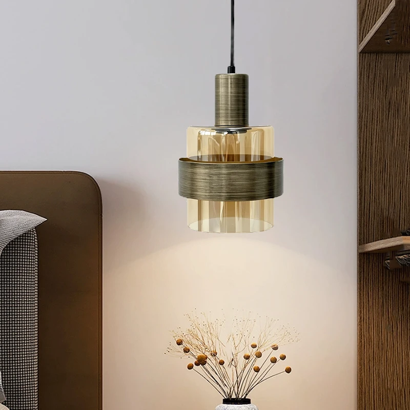 

E27 Amber Glass pendant light Modern Chandelier Bronze colored lamps body suspended decoration hotel home pendant lights