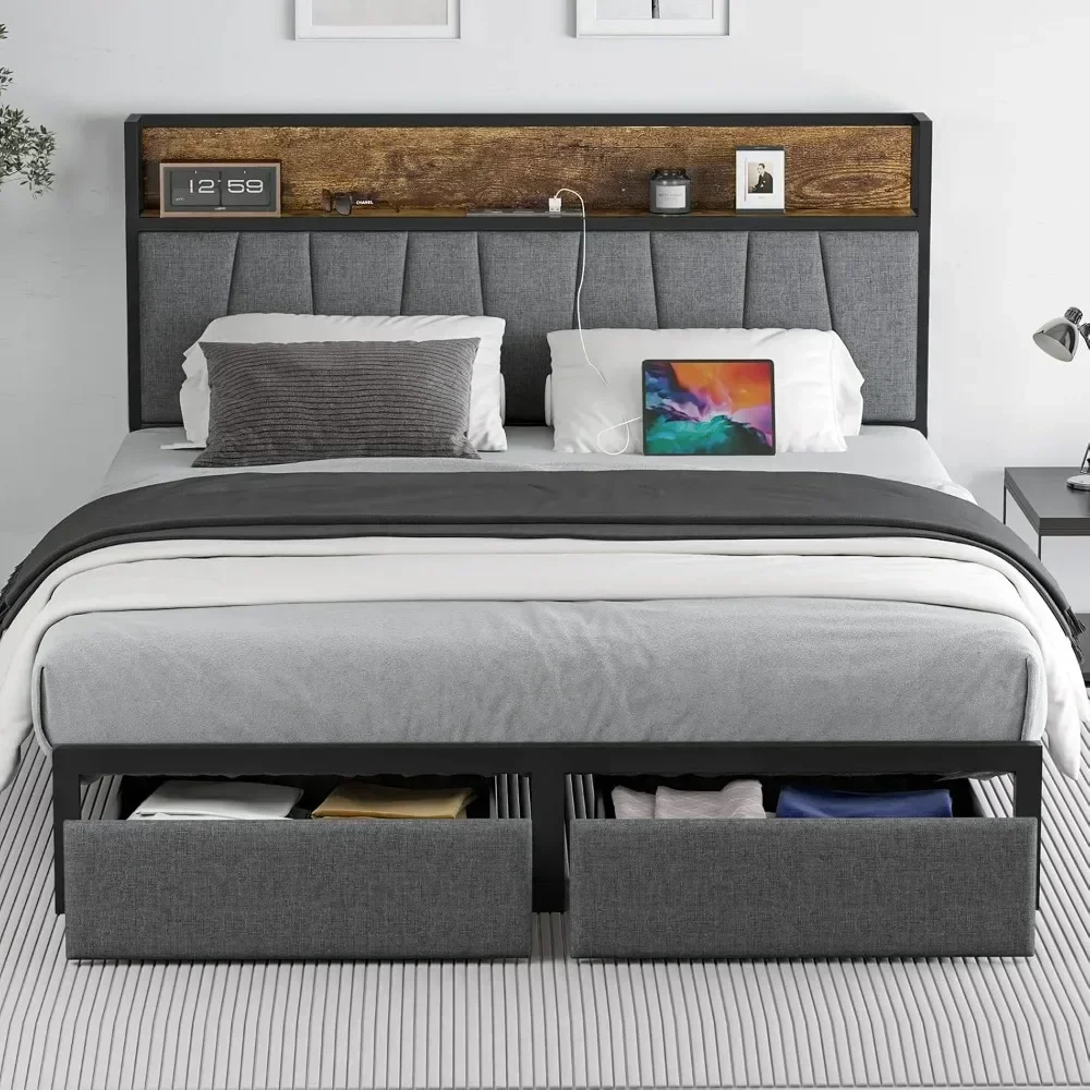 Bed Frame with Headboard and Storage Drawers Platform Bed Frame with Storage Chargin Station LED Light Bed Frame