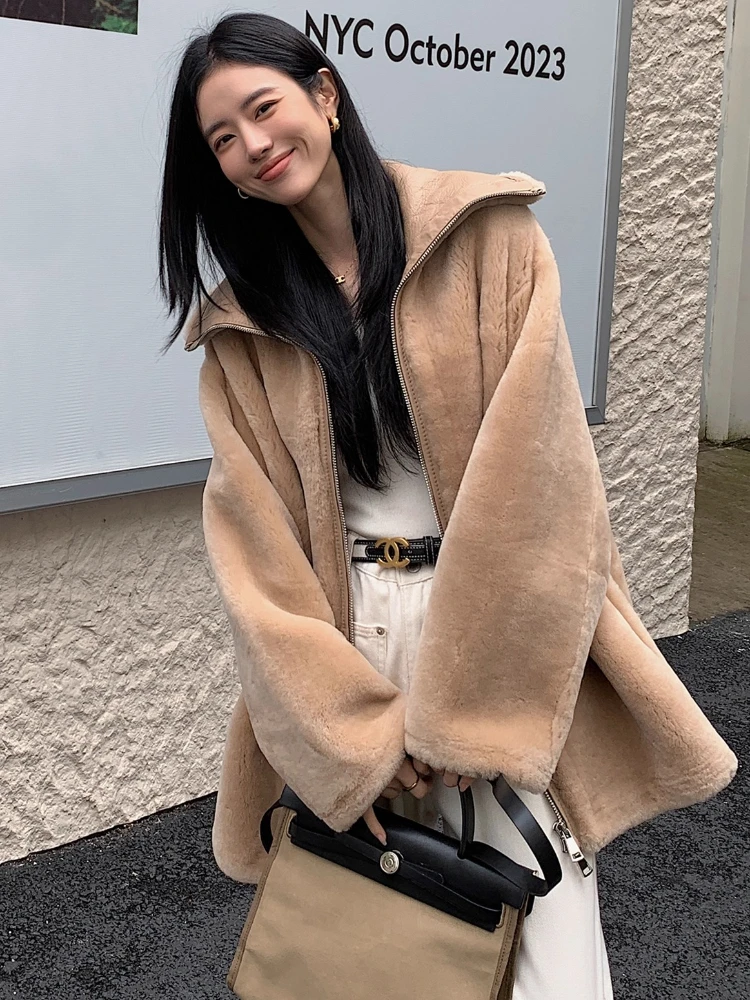 

High-end Luxury Merino Sheep Fur Lambswool Jackets for Women Simple Navy Neck Mid-length Winter Genuine Leather Real Fur Coat