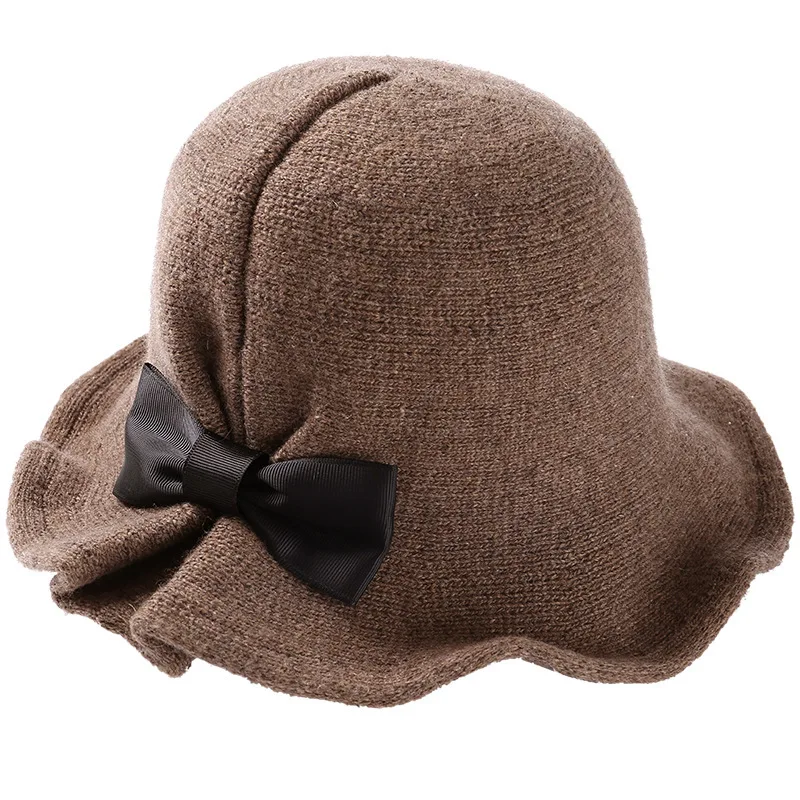 Vintage Wool Bucket Hats Ladies Bowler Hat Fashion Bows Basin Hat Fisherman Hat Woman Winter Black Coffee Dark Camel Hat