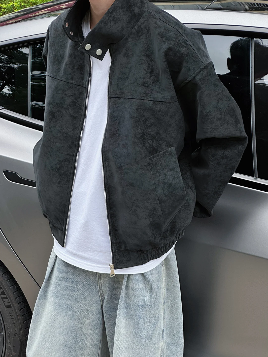 

Мужская куртка-харрингтон матового черного цвета с эффектом тай-дай, в американском стиле, с дизайнерским акцентом, для байкеров, верхняя одежда, воротник-стойка, застежка-молния