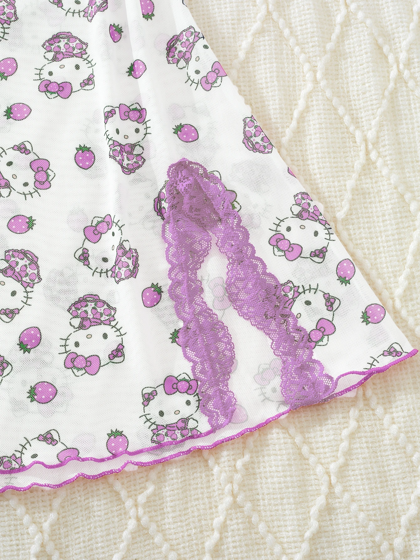 Sanrio Hello Kitty Nightdress For Women V-Neck Contrast Lace Side Slit Purple Cute Digital Printing Suspender Lingerie Dress Lin - view 3