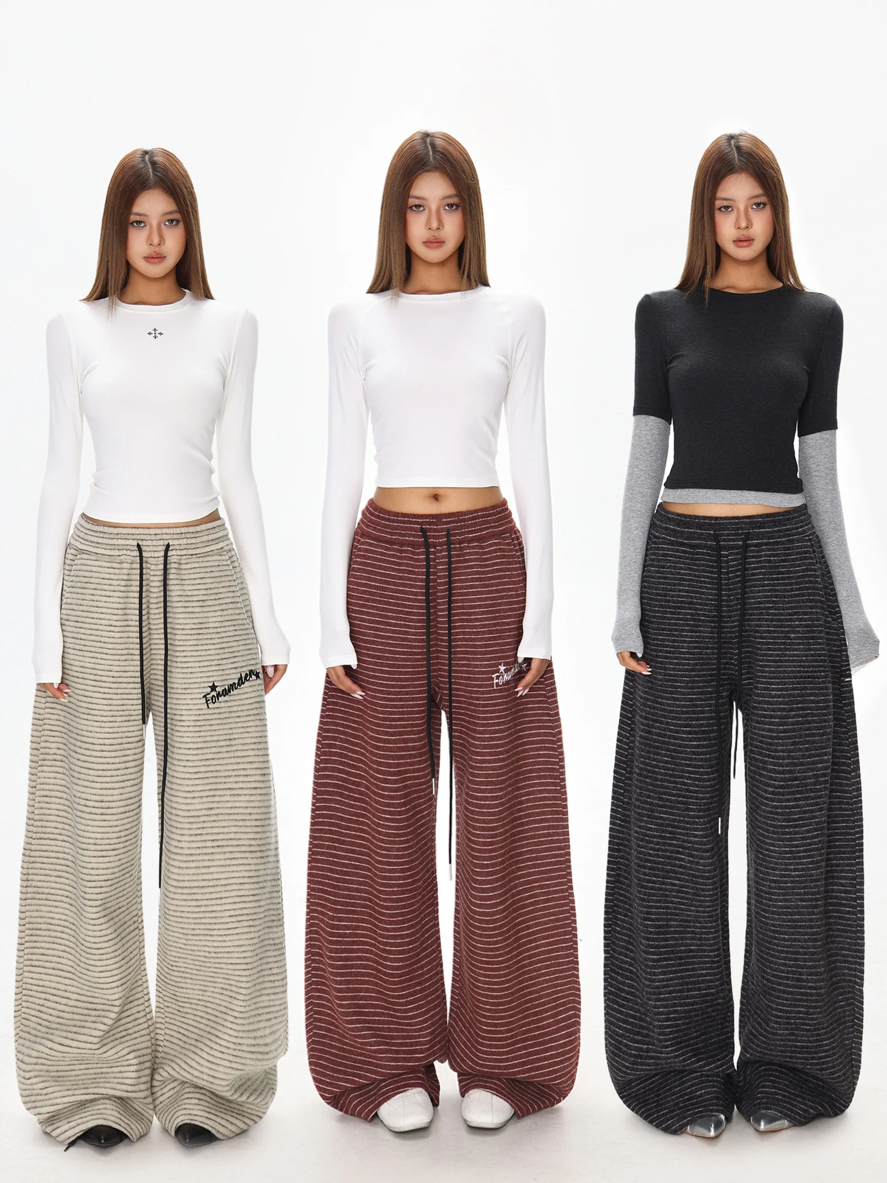 

Женские зимние повседневные брюки с вышивкой в стиле ретро, широкие штаны с завязками, полосатые прямые леггинсы с высокой талией на резинке