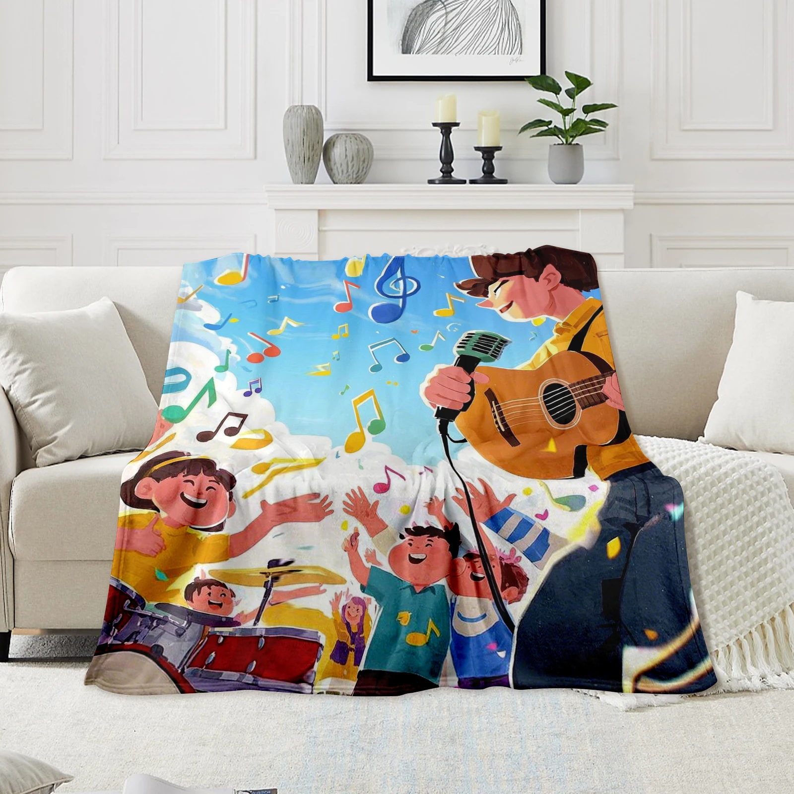 

Cartoon Crowd Playing With Musical Notes Blanket, Captures Festival Joy. Ideal For Family, Friends Or Kids.