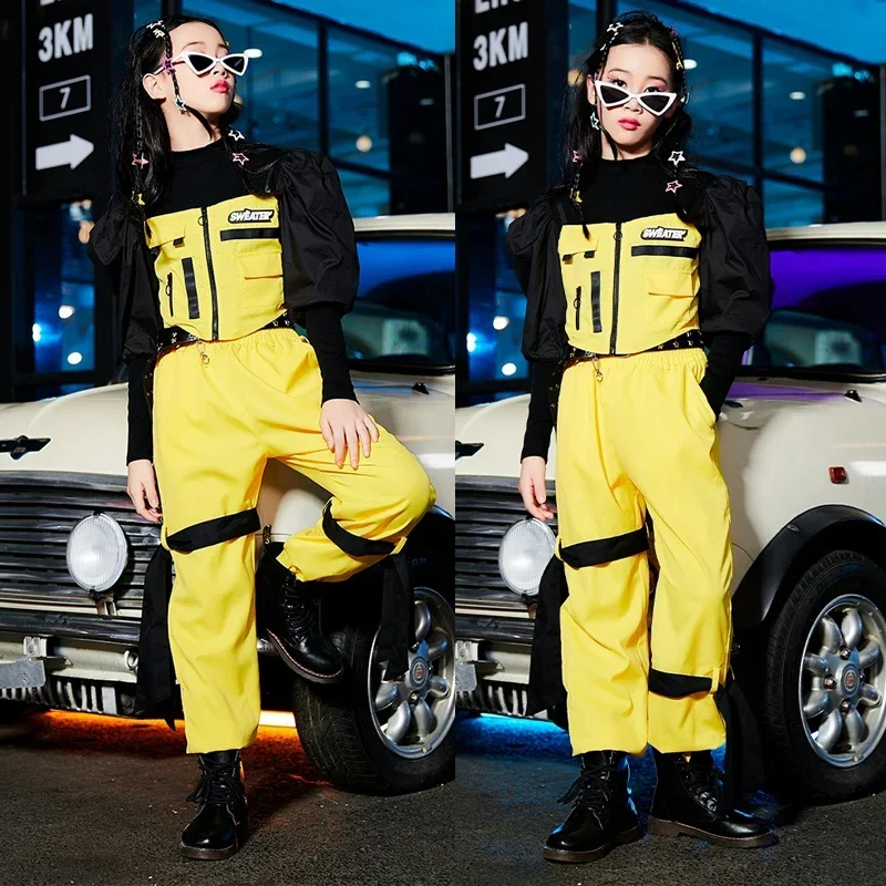 

Kids Cool Hip Hop Clothing Girls Jazz Dance Costume Yellow Top Cargo Pants Children Rave Outfit Stage Performance Wear DWY9688