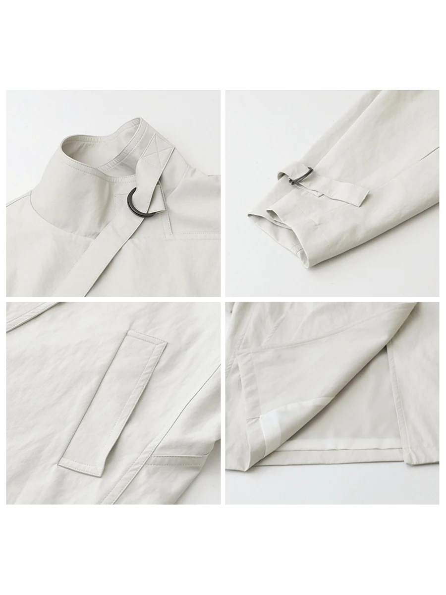 이른 봄 새로운 한국 스타일의 레이지 느낌 프로틴 가죽 D-링 코트 중간 길이 윈드브레이커 아우터 시크 벤 브랜드