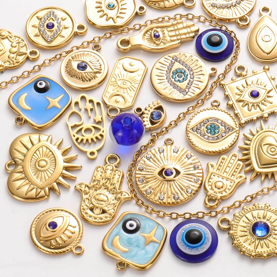 6 Stück echt vergoldete blau/dunkelblaue Strass-Böser-Blick-Anhänger aus Edelstahl, türkische Augen-Charms für Schmuckherstellung. – Detail 2