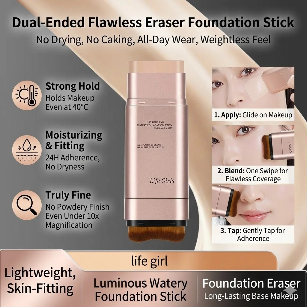 عصا كريم أساس مائي من LIFE GIRLS 2 في 1 مع فرشاة | توهج ديوي قابل للبناء | مكياج بشرة زجاجية كورية | صديق يدوم طويلاً والسفر #1