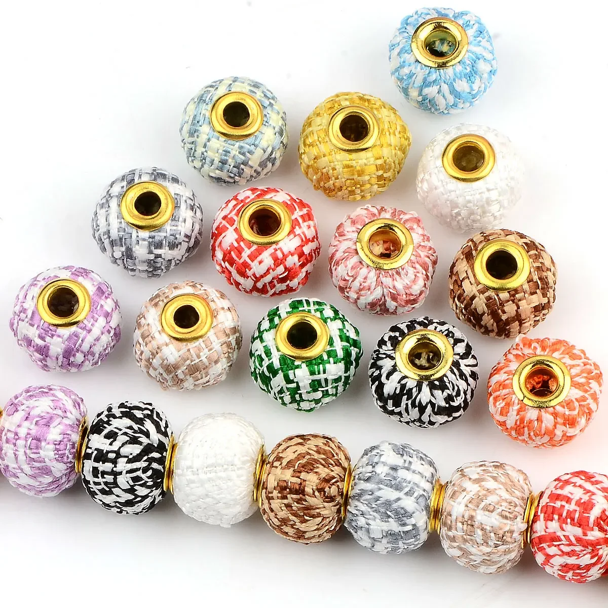 15pcs 1.5cm Random Color Mix Style Multiple Samples Handmade Braided Beads Flat Round Big Hole DIY Accessories