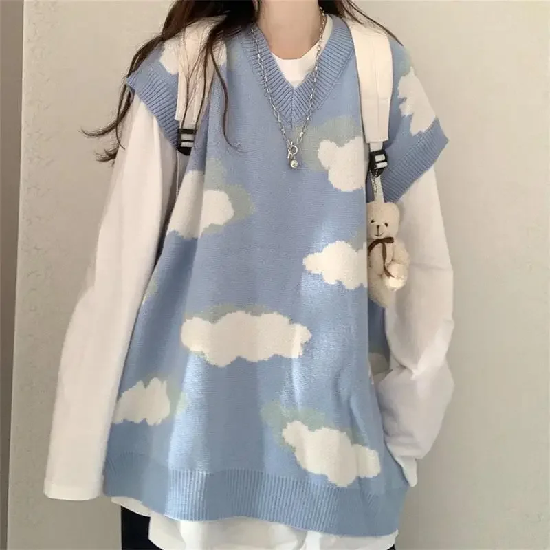 Japan Style White Clouds Knitted Sweater and Vest Preppy Style Sweet Girls O-Neck Blue Sky Long Sleeve Jumpers Chic Pullovers