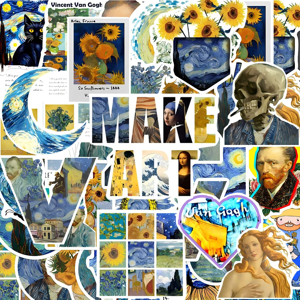 10/30/50 Uds. Pegatinas de Girasoles de Van Gogh, Calcomanías Artísticas Vintage para Monopatín, Casco, Teléfono, Pegatinas Impermeables Geniales, Juguete