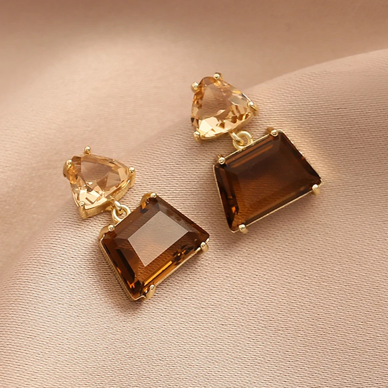 Trendy Cubic Zirconia Copper Drop Earrings For Women Girls Brown Crystal Pendant Earring Party Birthday Daily Jewelry