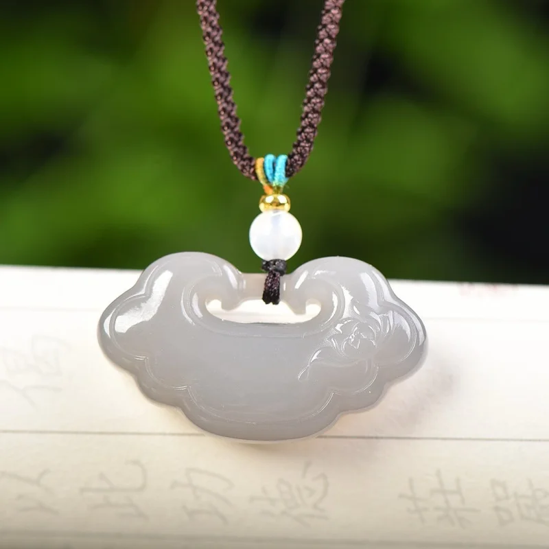 Hetian Jade Violet Purple Cloud Ruyi Lock Pendant Necklace