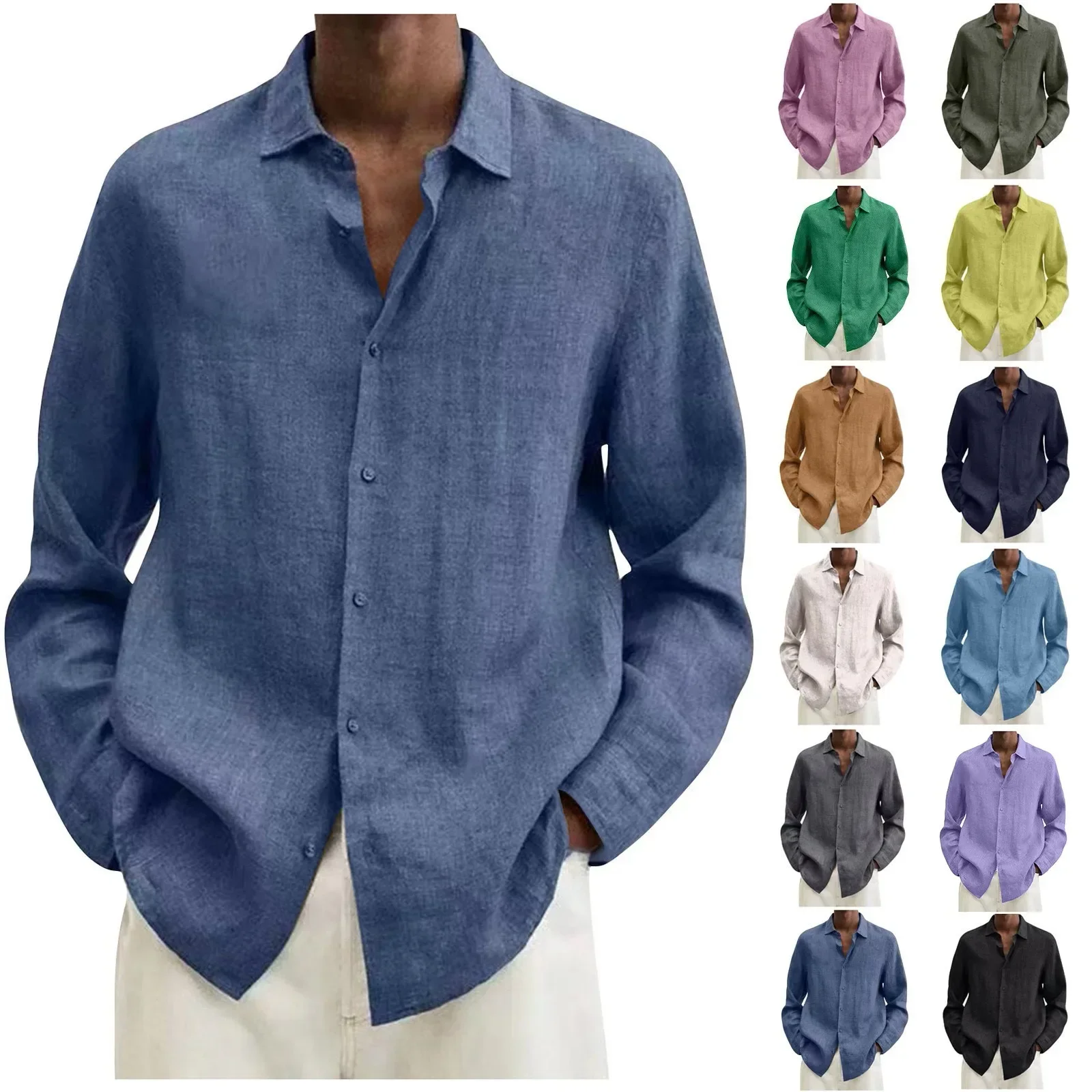 

Men's Shirts Casual Cotton Linen tops 2023 Spring Summer Solid Color Long Sleeve Blouses Single Breasted Male Top clothes