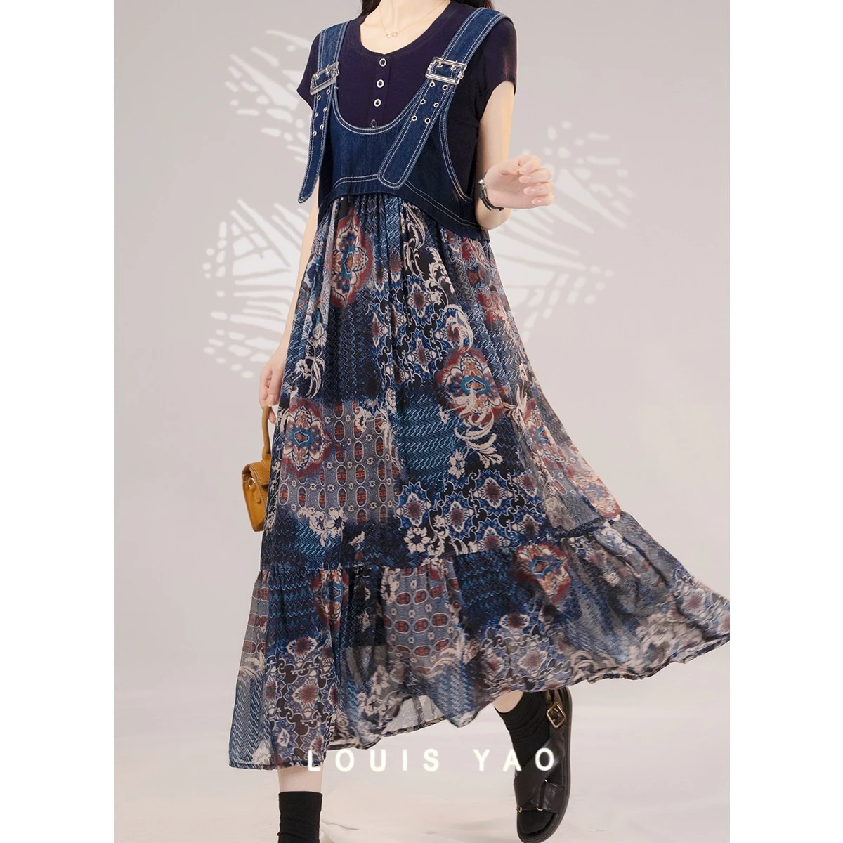 

LOUIS YAO Backstrap Denim Dress 2025 Summer Splicing Floral Women's Dress Casual Non-stretch Long Jeans Dresses Street