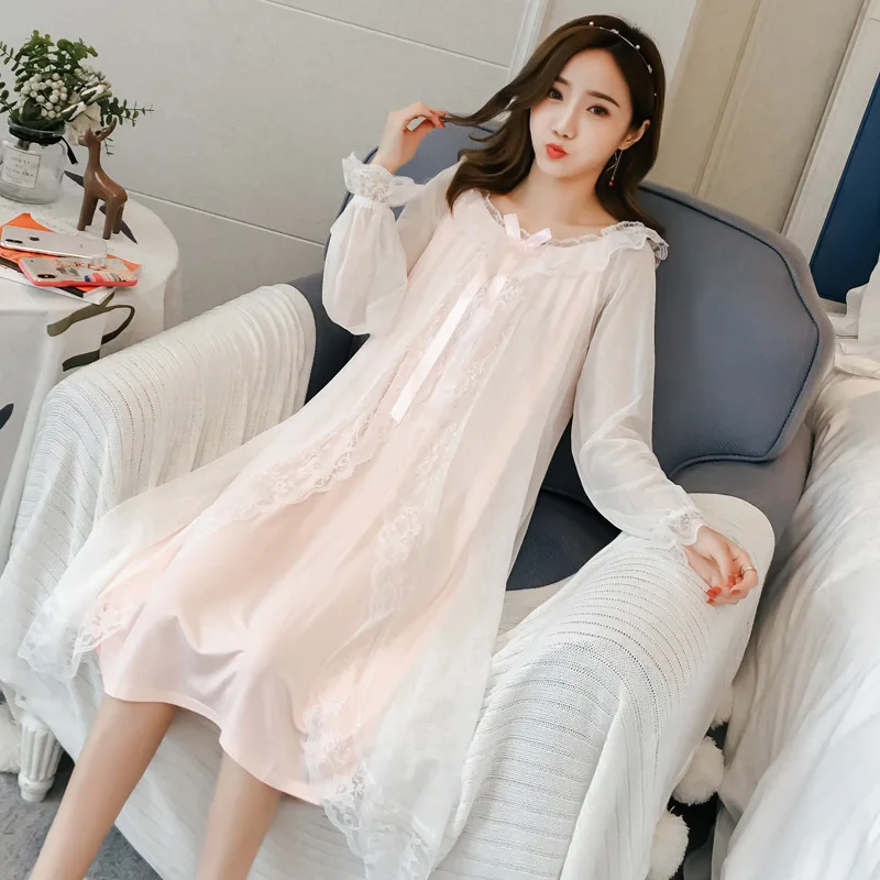 Victorian Vintage Fairy Night Dress Romantic Nightgowns Princess Sleepwear Room Wear Women Long Sleeve Mesh Modal Lace Negligee