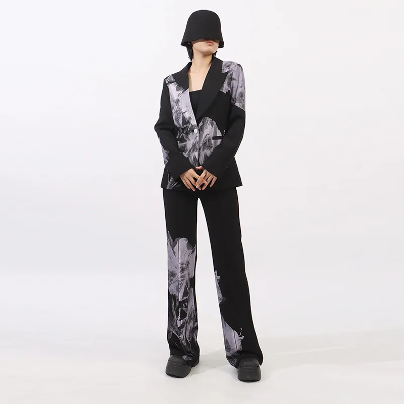 HKSH Women Elegant Two-piece Set Printed Single Button Blazer Jacket Straight Pants High-end Chic Suit New Spring Autumn HK20674