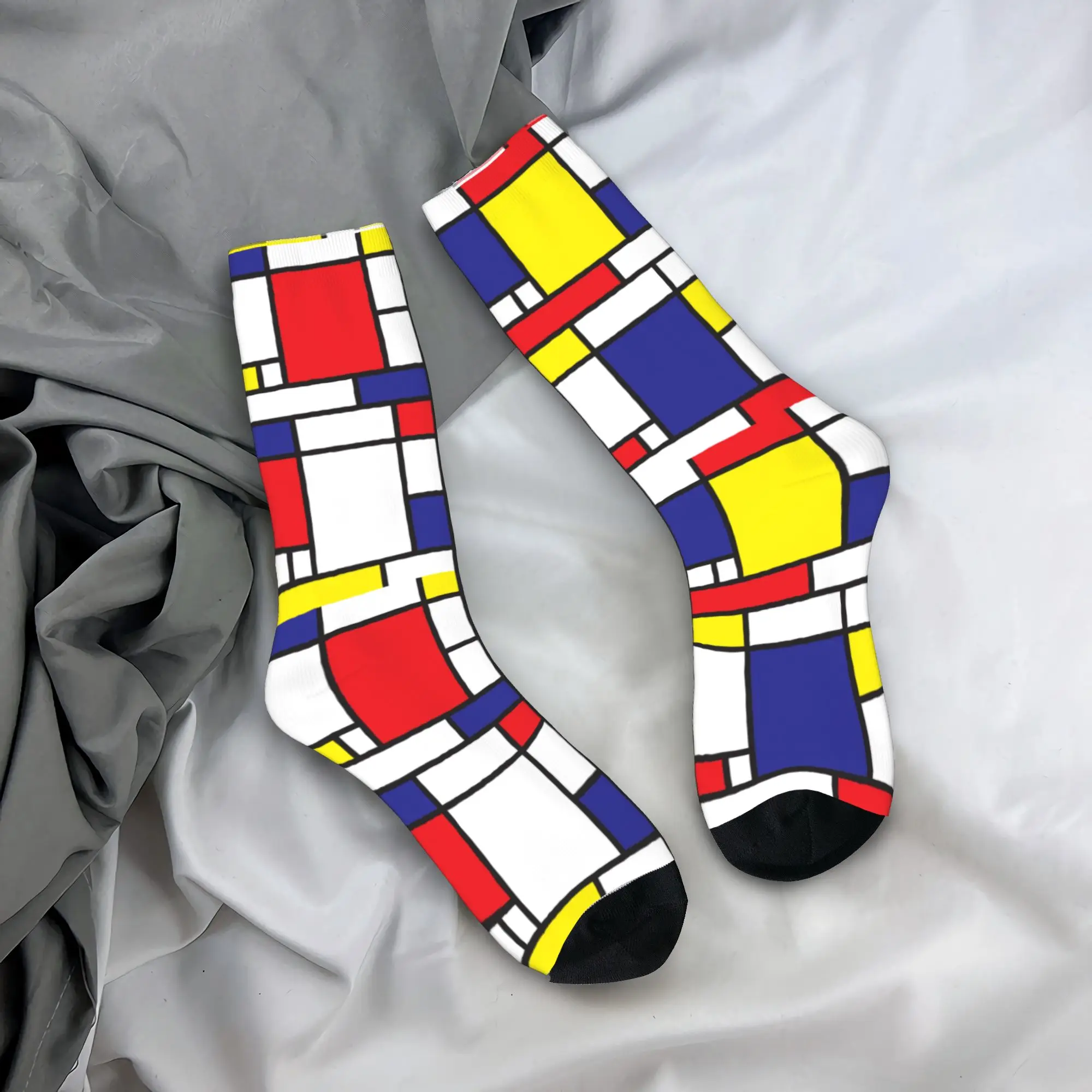 

Custom Novelty Printed Piet Mondrian Study Socks Women Men Stretch Summer Autumn Winter Geometric Abstract Art Plaid Crew Socks