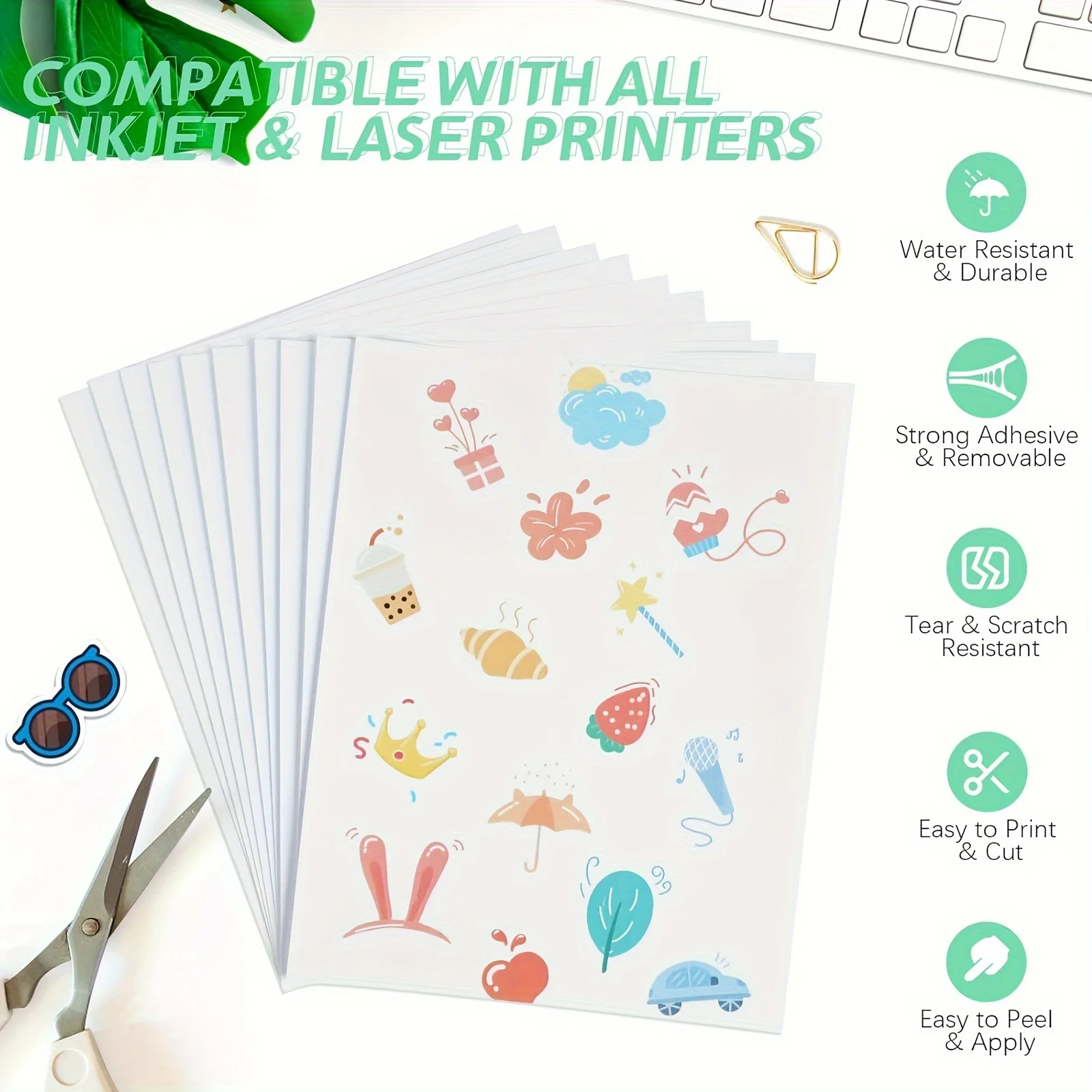 20 Sheets 8.5x11 Inch Printable Vinyl Paper Glossy White Sticker Sheets For Inkjet Printer - Letter Size Waterproof Sticker Pape