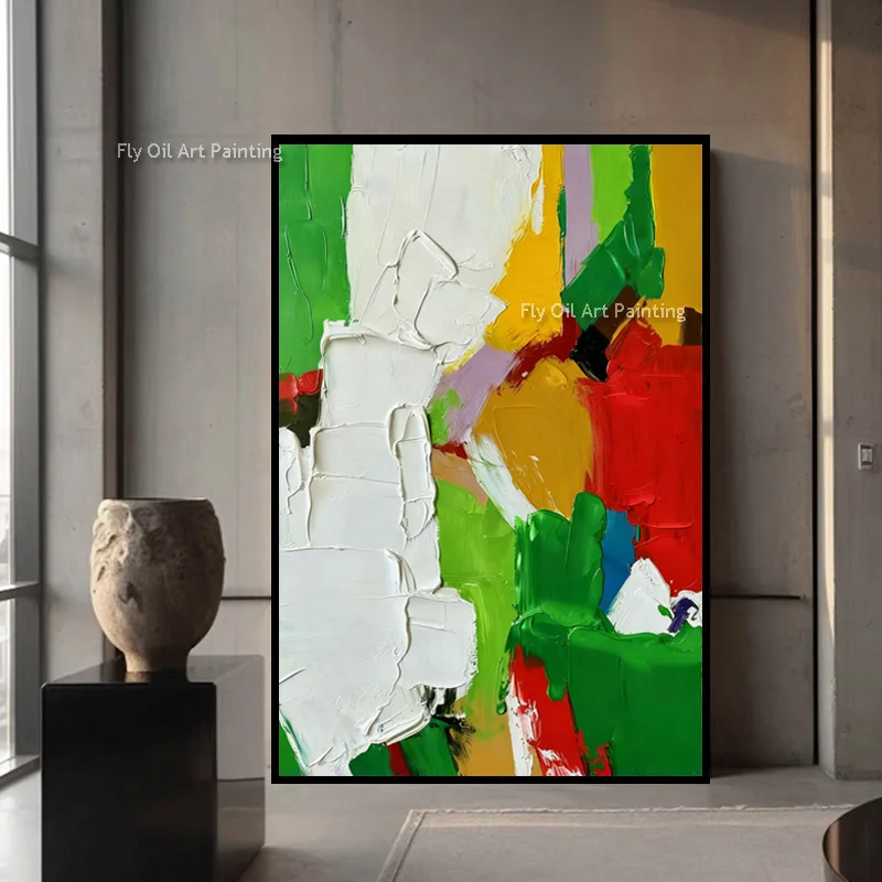 New Fashion Artwork Green White Simple Oil Painting Large Home Decor Items Artwork Handpainted Blue Yellow White Wall Art Decor
