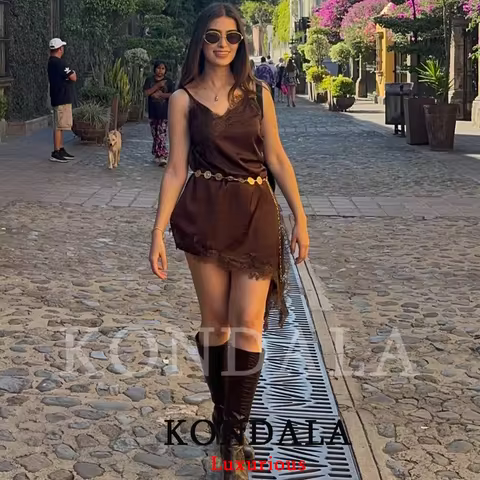 KONDALA Christmas New Year Lace Party Women Dress V Neck Cami Backless Midi Dress Fashion 2025 Y2K Girl Evening Club Dress