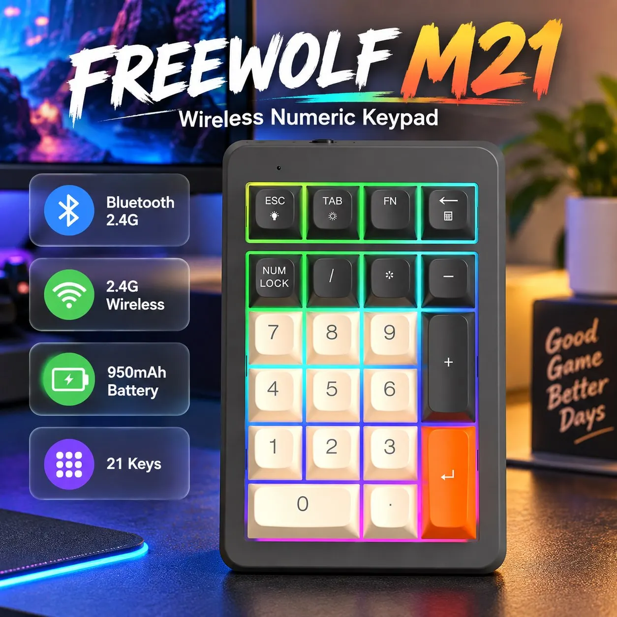 FREEWOLF M21 Dual-Mode Wireless Numeric Keypad 21 Keys Bluetooth 2.4G 950mAh Type-C Portable for PC Laptop Ergonomic