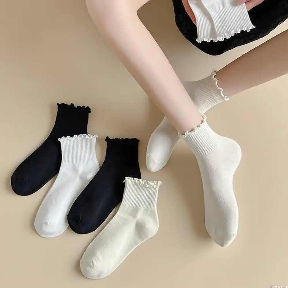 3 - مجموعة أزواج، جوارب نسائية، جوارب للكاحل للنساء، جوارب نسائية جميلة بإبرة مزدوجة بلون سادة بحافة من الدانتيل #2