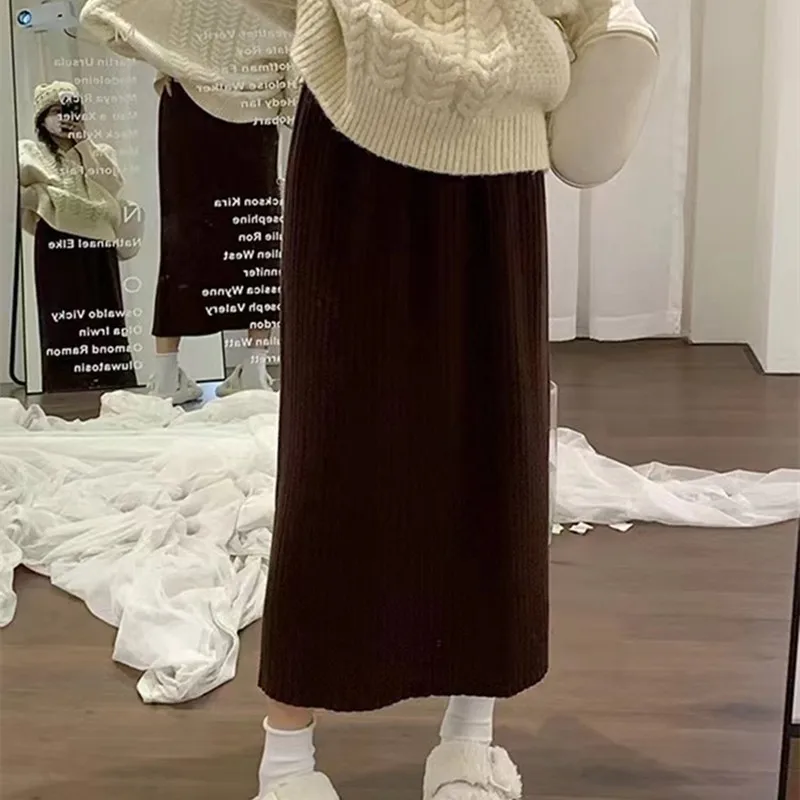 

Эластичные юбки трапециевидной формы с высокой талией, женские осенне-зимние свободные трикотажные юбки в рубчик для женщин, повседневная однотонная юбка-свитер, женская юбка