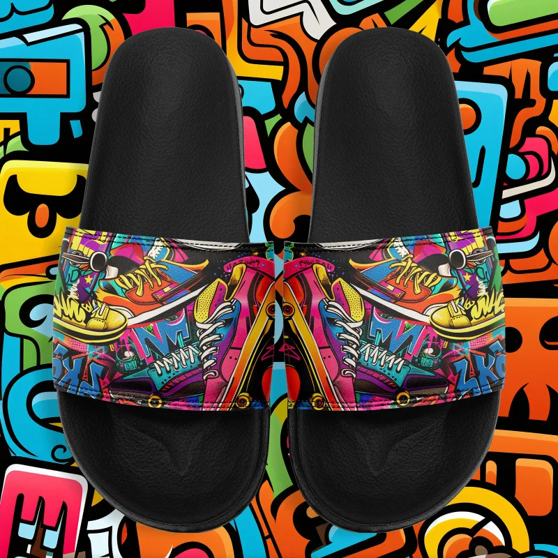 Sandales à enfiler pour femmes et hommes avec imprimé graffiti néon, pantoufles d'extérieur amusantes et colorées, un excellent choix pour la plage et les vacances