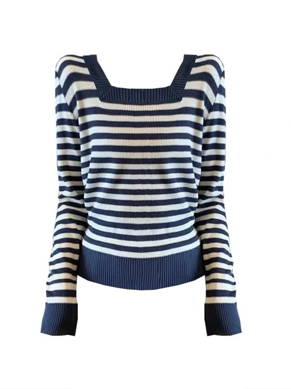 

Женская трикотажная кофта больших размеров с длинным рукавом, в полоску, на весну-осень, скрывающая живот, с квадратным вырезом, стройнящая, универсальная