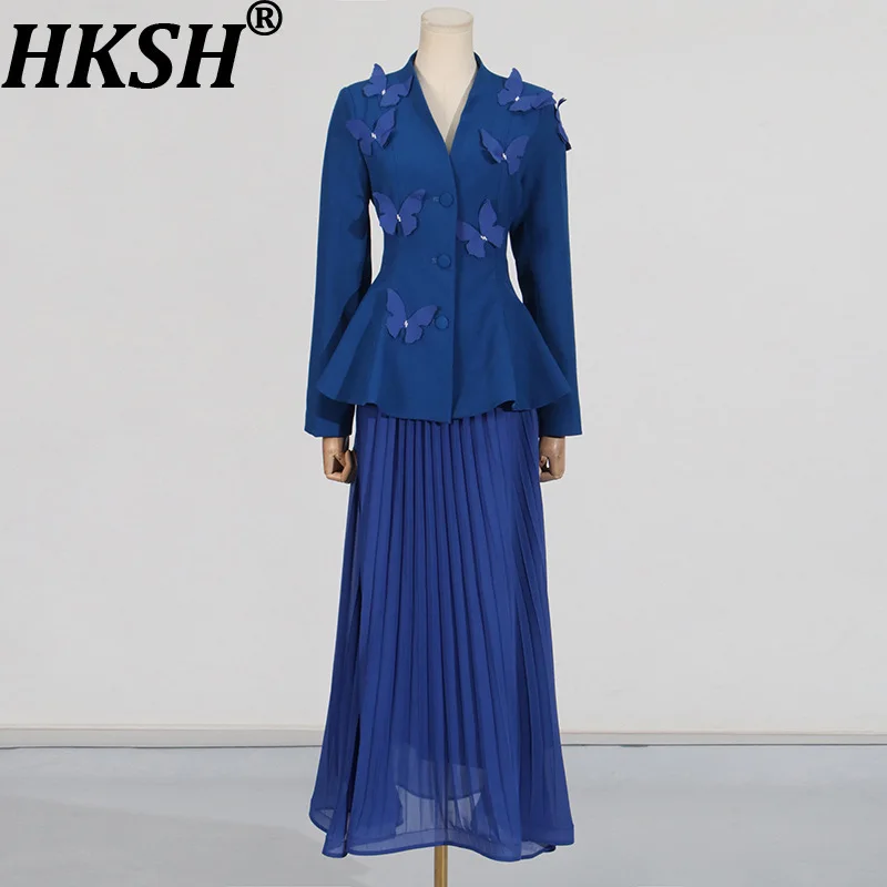 

HKSH 2025 Autumn New Women Elegant Skirt Set Stylish Three-dimensional Floral Tide Leaf Side Long Sleeve Blazer Skirts Set HK300