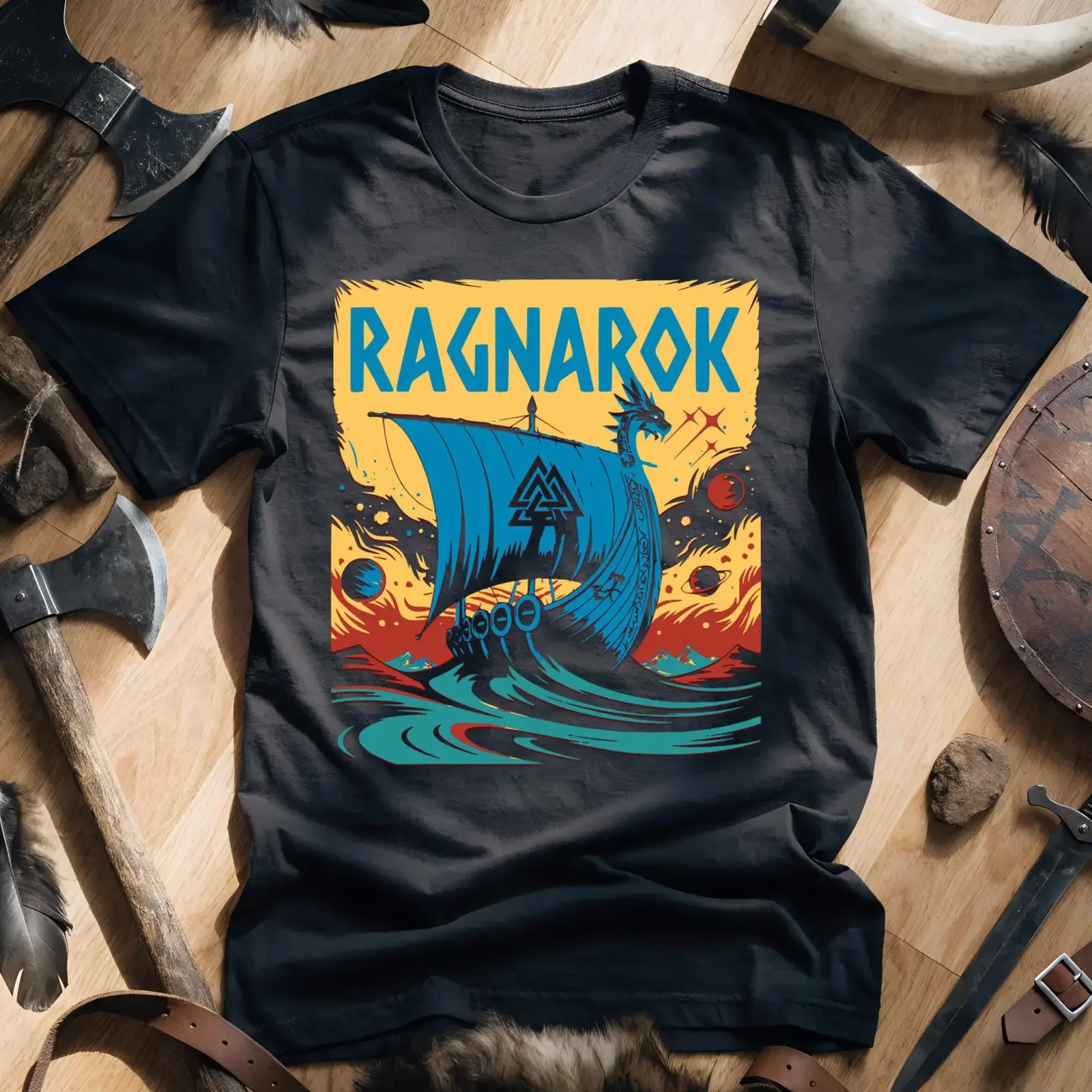 Viking Ragnarök T Shirt Norse Mythology Psychedelic Art tee vintage Washed homme Comfortable graphic Breathable Slightly Casual