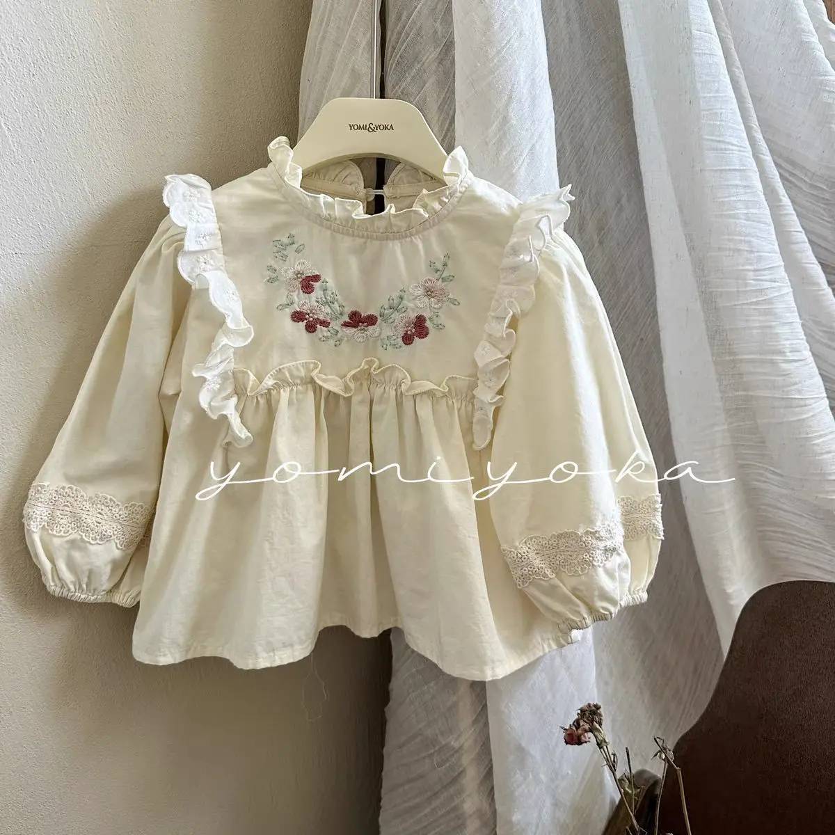 Spring Autumn Fashion Baby Girls Long Sleeve Sweet Apricot Princess Embroidered flower Tshirt Top Children Set Casual Clothes