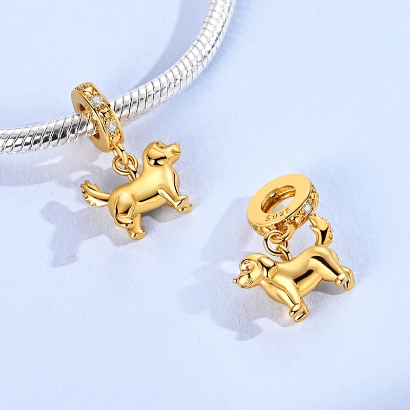 925 Silver Golden Charm Bead Pendant Fit Original Bracelet Retriever Puppy Cheese Figurine DIY Woman Jewelry Gift image 4