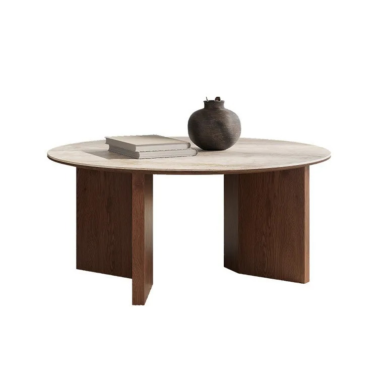 

DSA retro solid wood round coffee table simple wabi sand wind small apartment creative travertine rock slab home use
