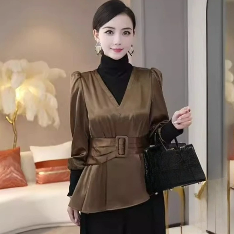 2025 Spring Fall Women Turtleneck V Neck Puff Sleeve Irregular Sash Imitation Silk Top Shirt , Woman Top Shirt Tops Shirts
