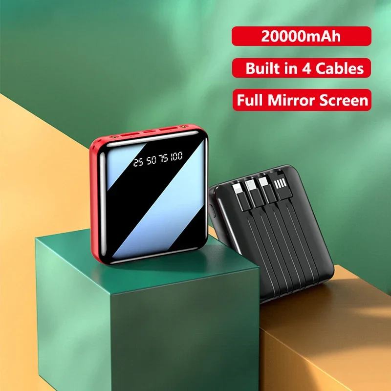 Mini Power Bank 20000mAh Built in Cable Portable Fast Charger Powerbank for iPhone Samsung Huawei Xiaomi External Spare Battery