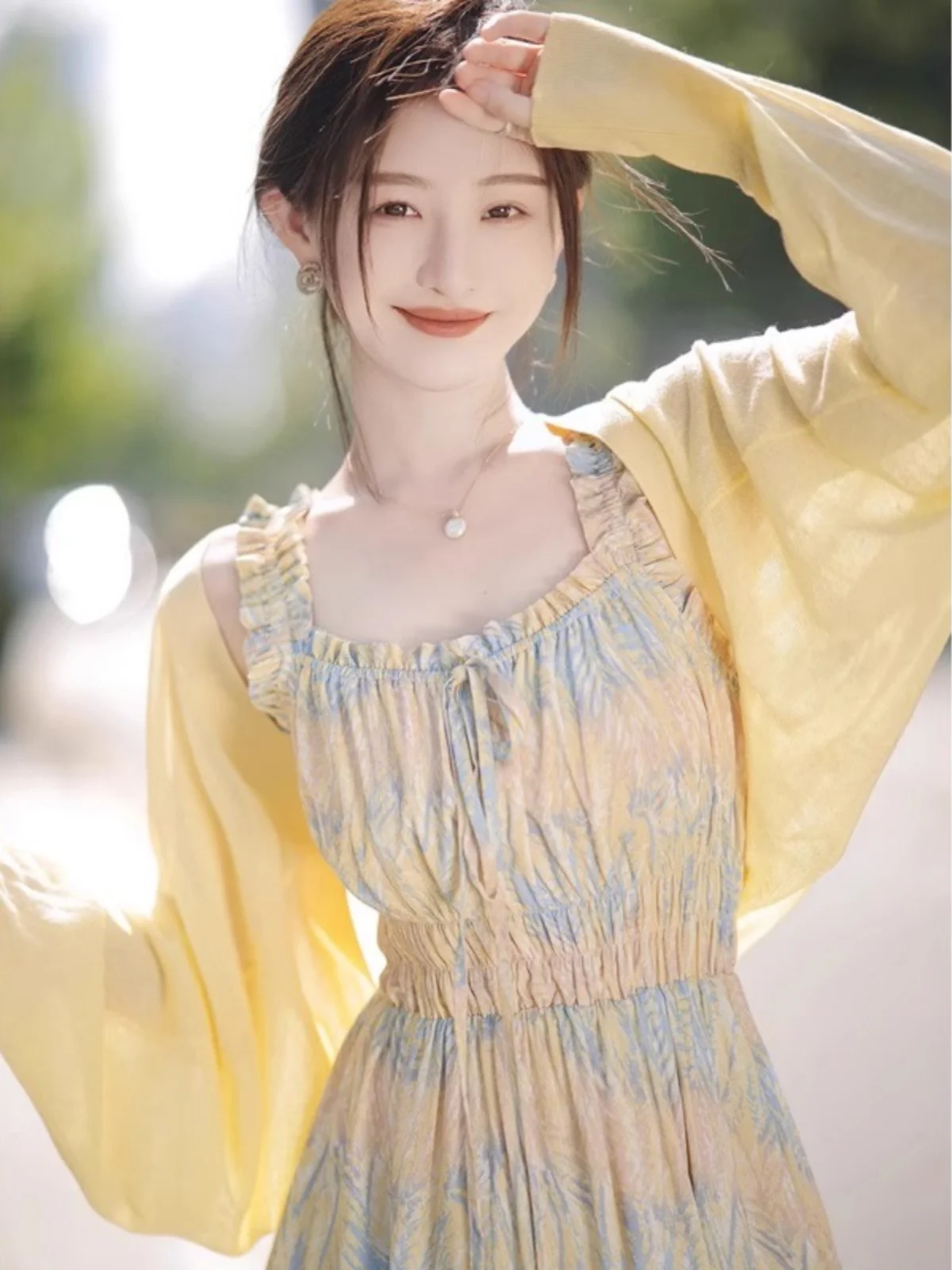 

Yellow Knitted Light Cardigan Women's Thin Shawl Summer Strap Dress Outer Ice Silk Sun Protection Coat Outerwear Batwing Sleeve