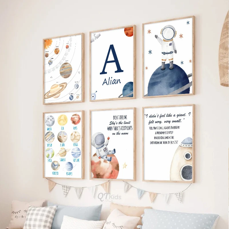 Cartoon Space Astronaut Rocket Nursery Wall Art Canvas Painting Children's Name Custom Posters For Boy Bedroom Home Decoration