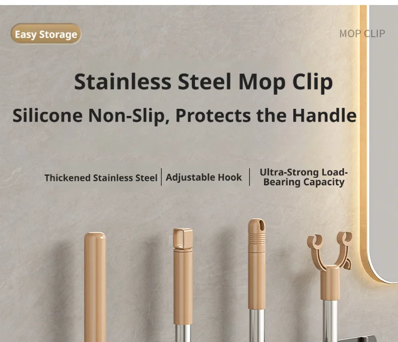 Edelstahl Wandmontierter Mopphalter Organizer mit Haken Bohrfreie Badezimmer-Besen-Aufbewahrungsklammer Robuste Halterung – Detail 1
