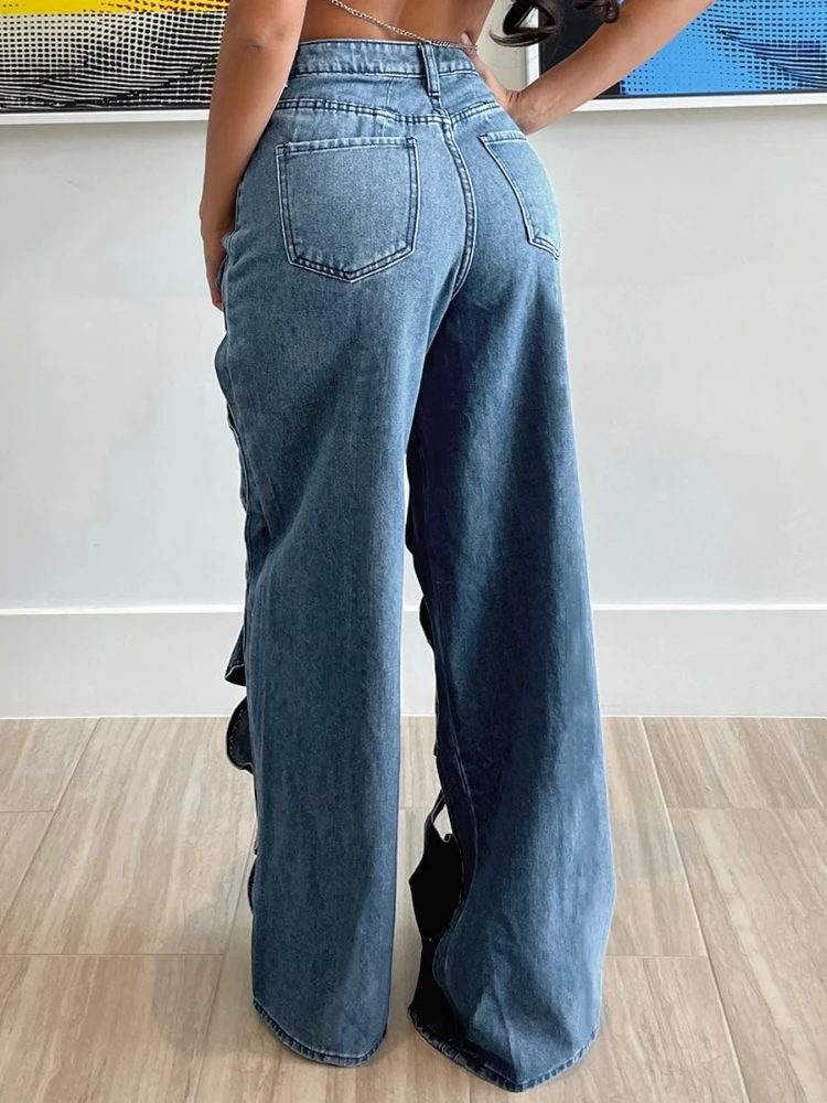 2024 Spring Hollow Out Jeans For Women High Waist Patchwork Zipper Casual Wide Leg Pants Female Fashion Clothing New
