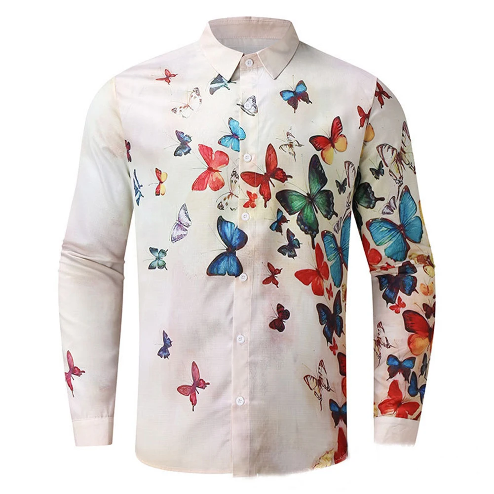 

Party Dress Mens Shirt Band Collar Casual Green/Blue/Apricot Hawaiian Lapel Long Sleeve Baroque Butterfly Printed