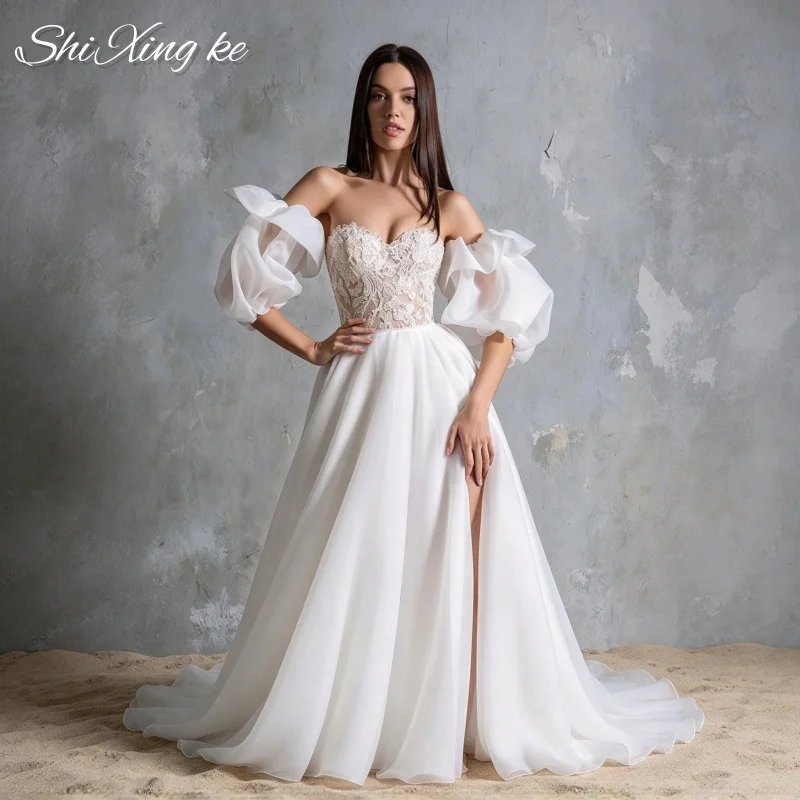 Romantic A-line Bridal Gown Sweetheart Neck Bubble Sleeve Lace Appliques Voile Wedding Dress Vestidos De Novia Customized