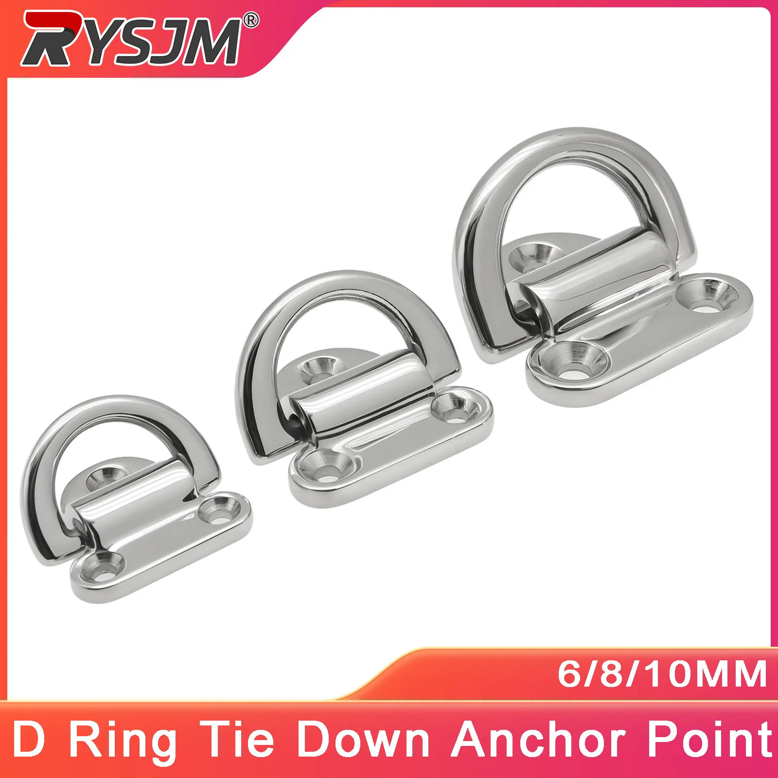 6/8/10mm Marine D Ring Tie Down Anchor Point D-Shaped Buckle D Ring Deck 316 Stainless Steel Mirror Polish Folding Boat Accessor