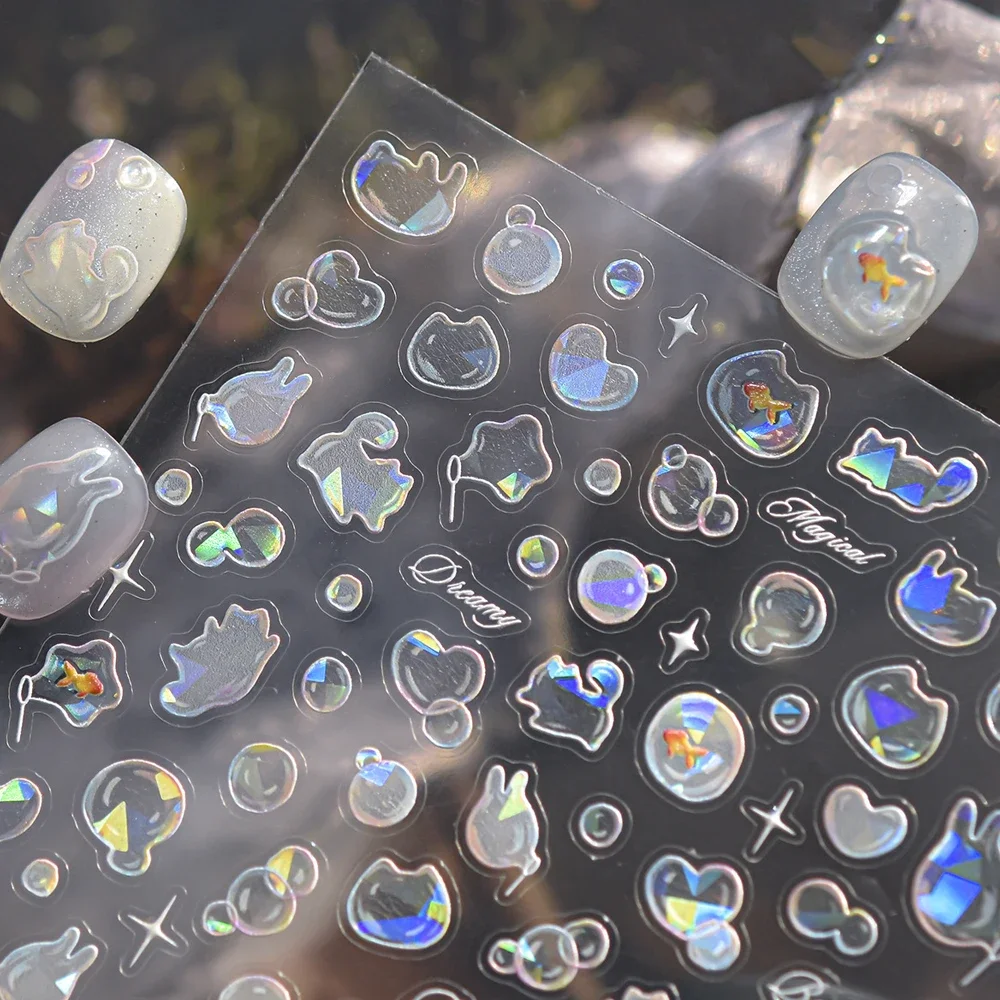 Magical Blow Bubbles Goldfish Bunny Rabbit Cat Kitten Shape Shiny Dreamy Bubbles 5D Nail Art Decorations Sticker Manicure Decal