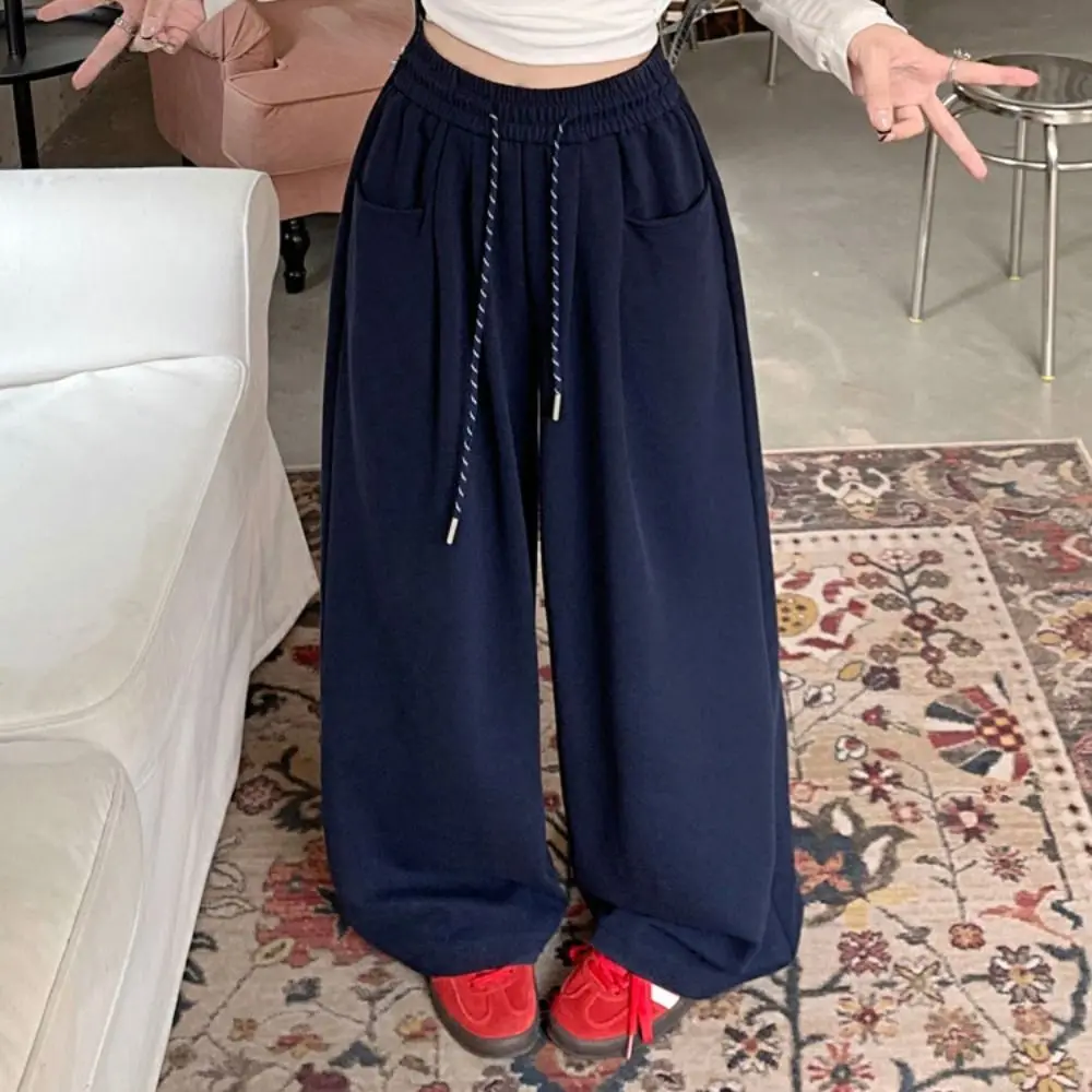 Oddychające spodnie ze sznurkiem, proste nogawki, wysoki stan, luźne spodnie codzienne, damskie spodnie do ćwiczeń, jesienne spodnie z szerokimi nogawkami, damskie
